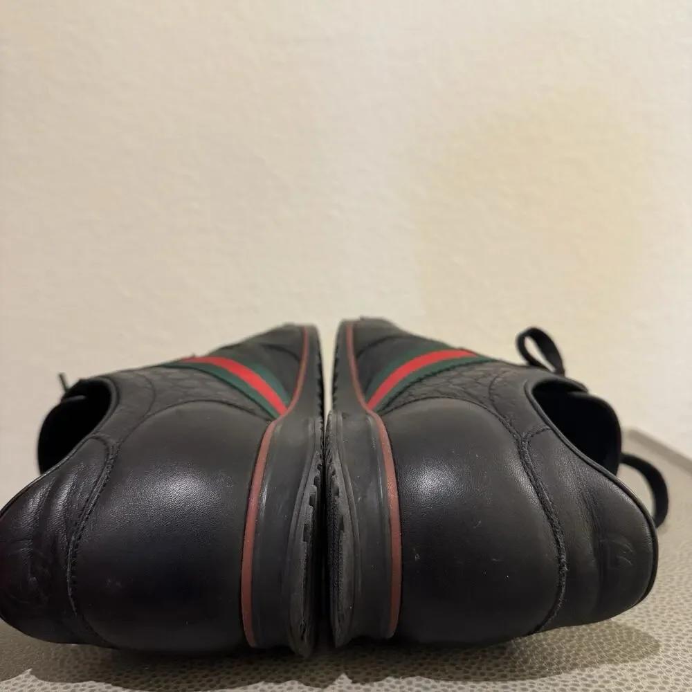Gucci Shoes Micro Guccissima Black Leather Web Low Top Gucci Sneakers Sz 8 G